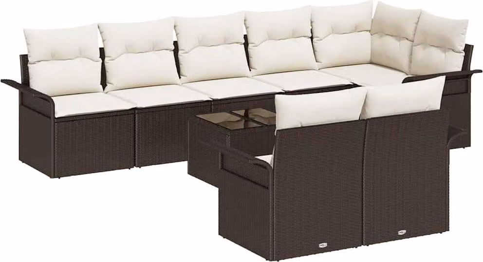 Set Divano da Giardino con cuscino 9 pcs Marrone Poly Rattan