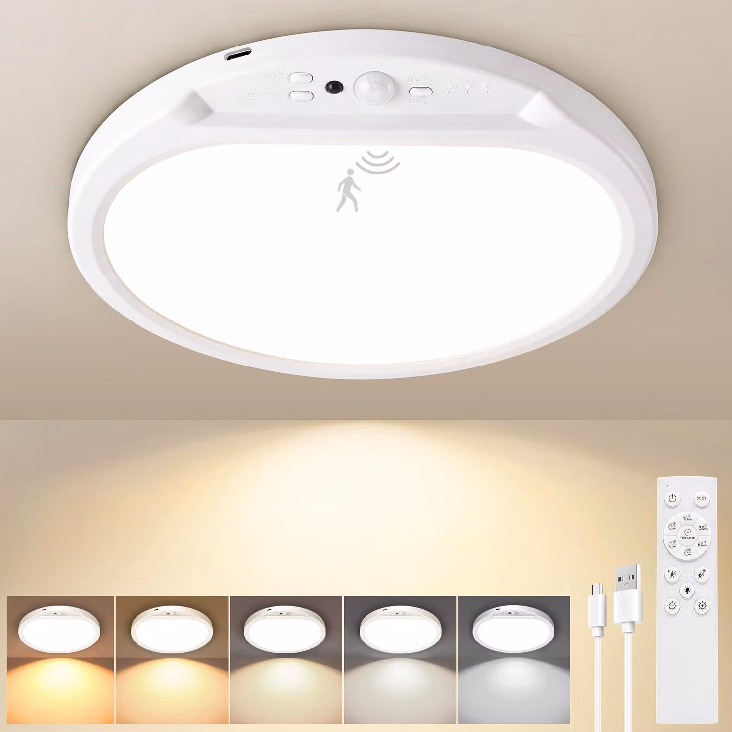 Lampada a soffitto con sensore di movimento, lampada a LED ricaricabile senza fili, capacità 8000 mAh, 5 temperature di colore, telecomando, timer