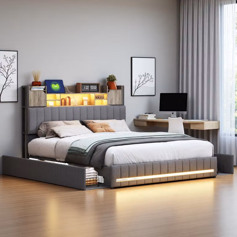 Letto imbottito Fortuna Lai 160x200 cm con 4 cassetti, testata con illuminazione a LED e porte di ricarica USB, rete a doghe, rivestimento in lino grigio, per adulti