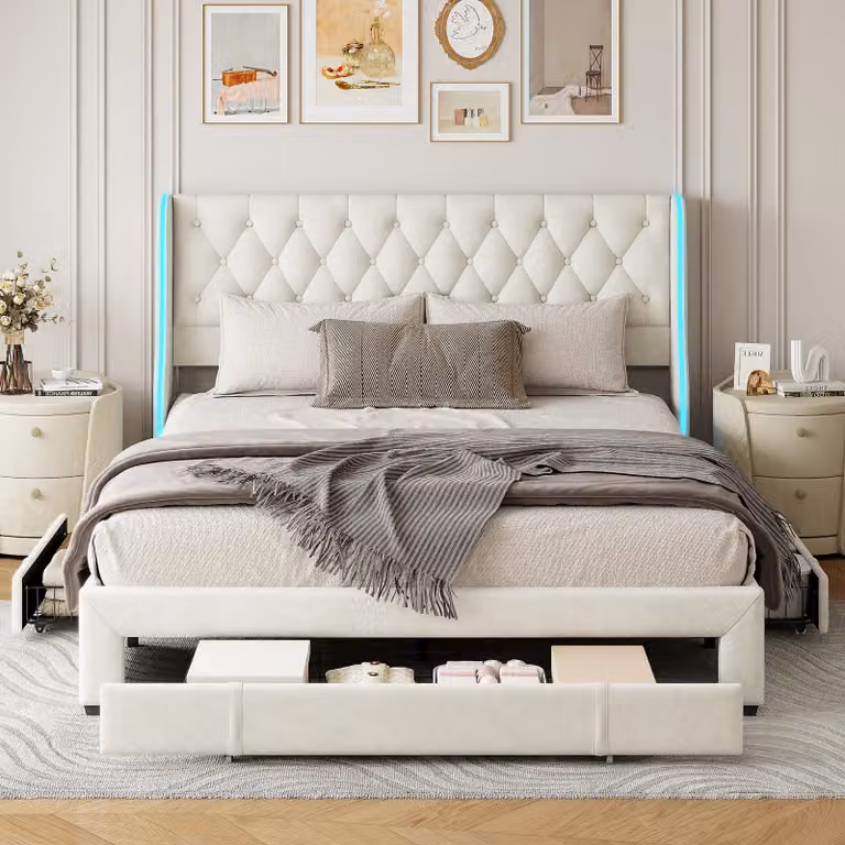 Letto imbottito CDGlobal letto matrimoniale 160x200 cm con 3 cassetti portaoggetti, illuminazione LED, letto con contenitore e testata, letto contenitore con rete a doghe in legno, velluto, beige
