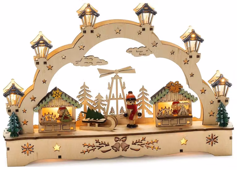Silhouette in legno raffigurante 2 case e un bambino, con 11 LED bianco caldo, alimentato a batteria
