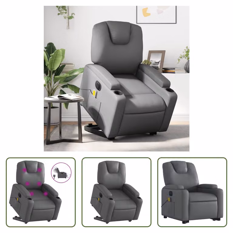 The Living Store Sedia massaggiante con supporto in piedi elettrica in ecopelle grigia