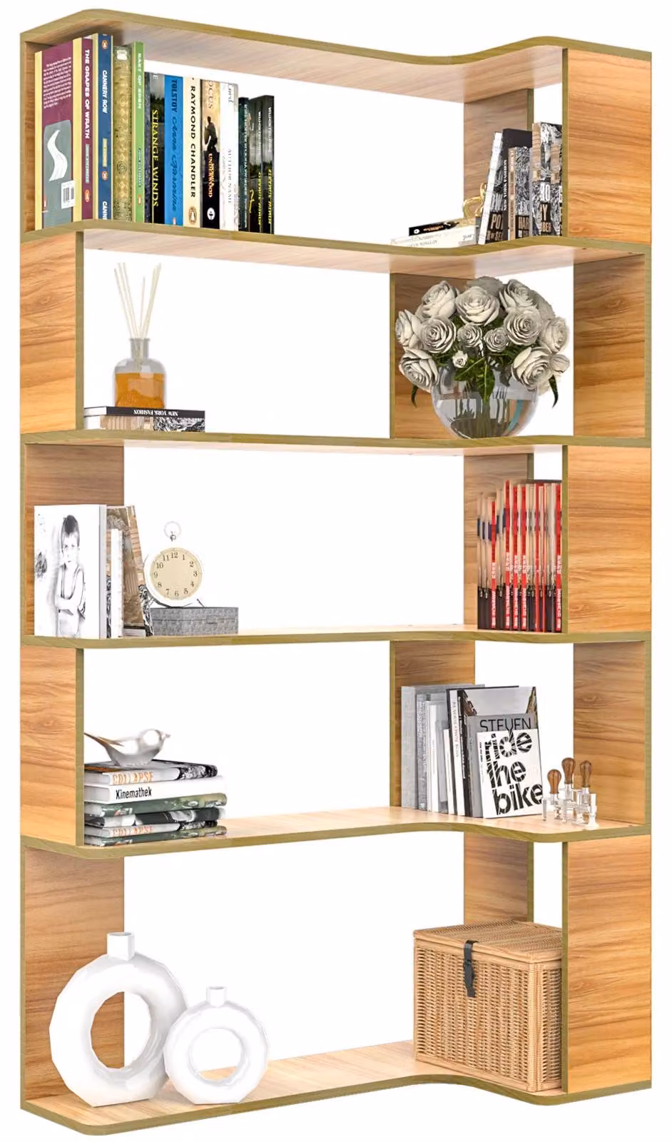 Libreria angolare a 5 ripiani - Libreria a forma di L - Struttura in legno - Da montare - 90 x 648 x 169 cm - Colore legno