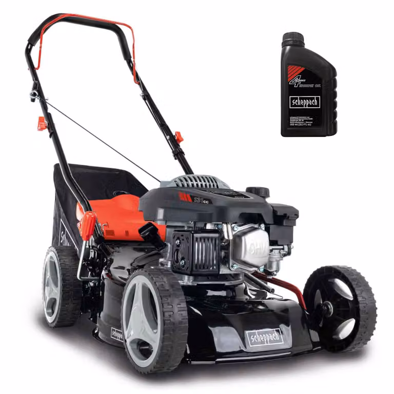 Scheppach Tosaerba a benzina MP132-42 | Larghezza di taglio 42 cm | 3,4 CV | Carcassa in acciaio | Pulizia | 45 L | Regolazione dell'altezza in 7 livelli (25-75 mm) | Olio incluso