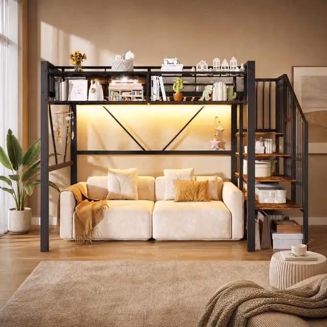 Letto a soppalco 90x200 cm in metallo e MDF con scala contenitore; LED; nero