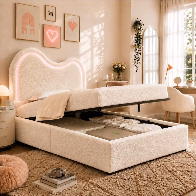 Letto per bambini MODFU 90x200 con materasso, letto imbottito con spazio contenitore a sollevamento idraulico, letto per adolescenti multifunzionale con testiera LED, letto con sollevamento idraulico e spazio contenitore, colore bianco