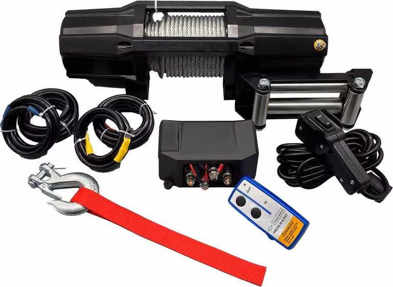 Berger & Schröter | Verricello elettrico professionale 12 V, 2727 kg, 2,57 kW con fune in acciaio, verricello a motore per quad, ATV, autoveicoli, 6000 lb con telecomando radio