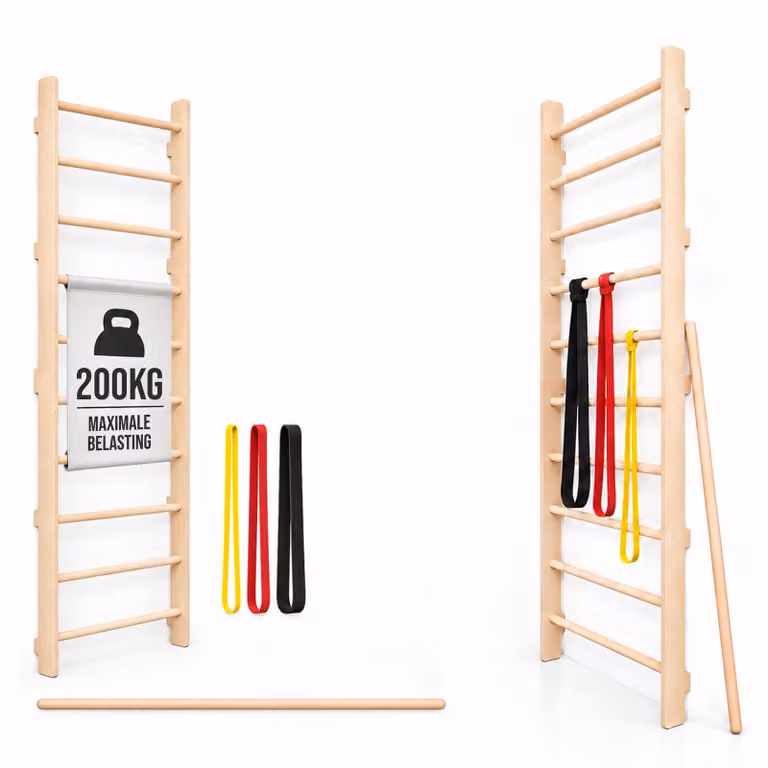 MAMOI Spalliera svedese per casa con elastici e bastone da allenamento, Spalliera fitness a parete con bande elastiche e bastone