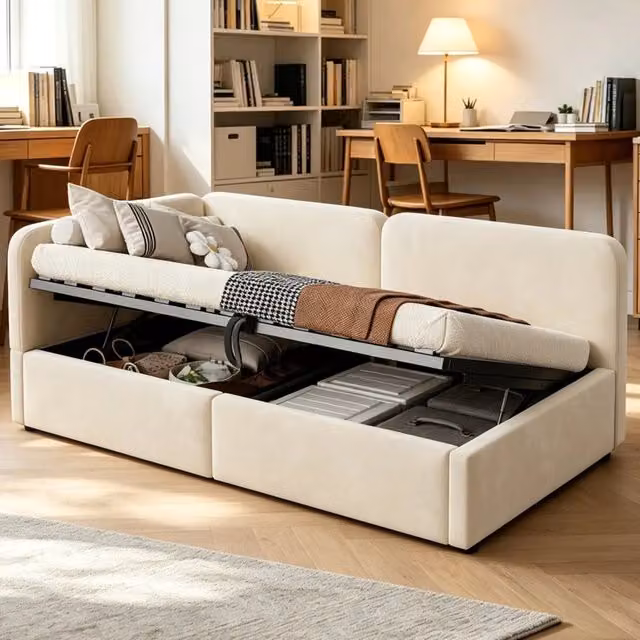 Letto singolo contenitore a divano 90x200 cm; vano sotto la rete; schienale reversibile; rivestimento in velluto beige