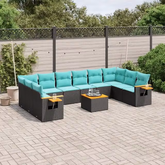 Set Divani da Giardino 11 pz con Cuscini in Polyrattan Nero 3227170