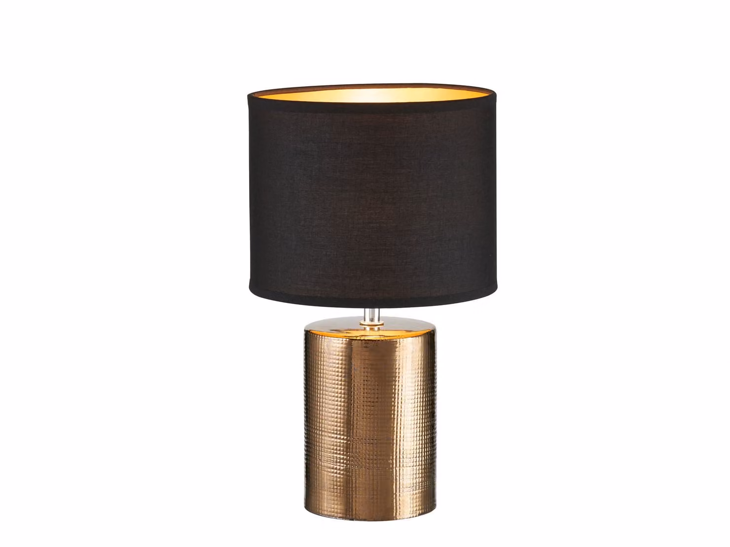 Lampada da tavolo con base in Vetroceramica color bronzo e paralume in tessuto nero interno oro, altezza 35cm