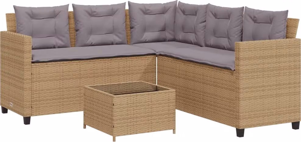 Divano da Giardino con Tavolo e Cuscini a L Beige in Polyrattan