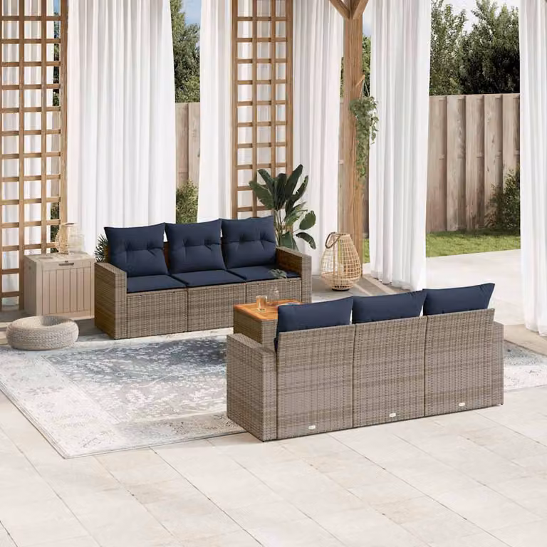 Set di divani da giardino vidaXL in 7 pezzi in polyrattan con cuscini grigi e blu per esterno