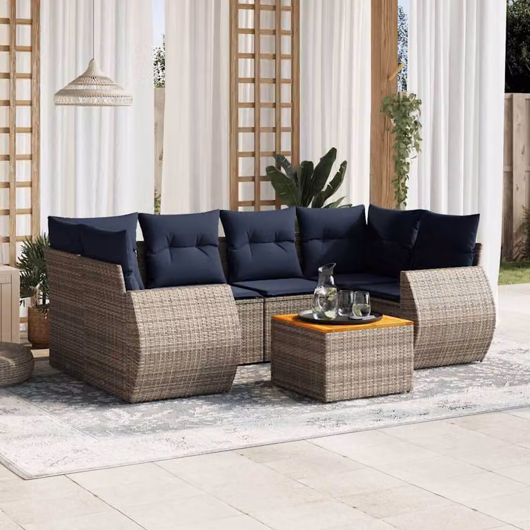 Set da giardino vidaXL in polyrattan grigio con 7 pezzi, divani a forma di L con cuscini e tavolino da caffè per esterno
