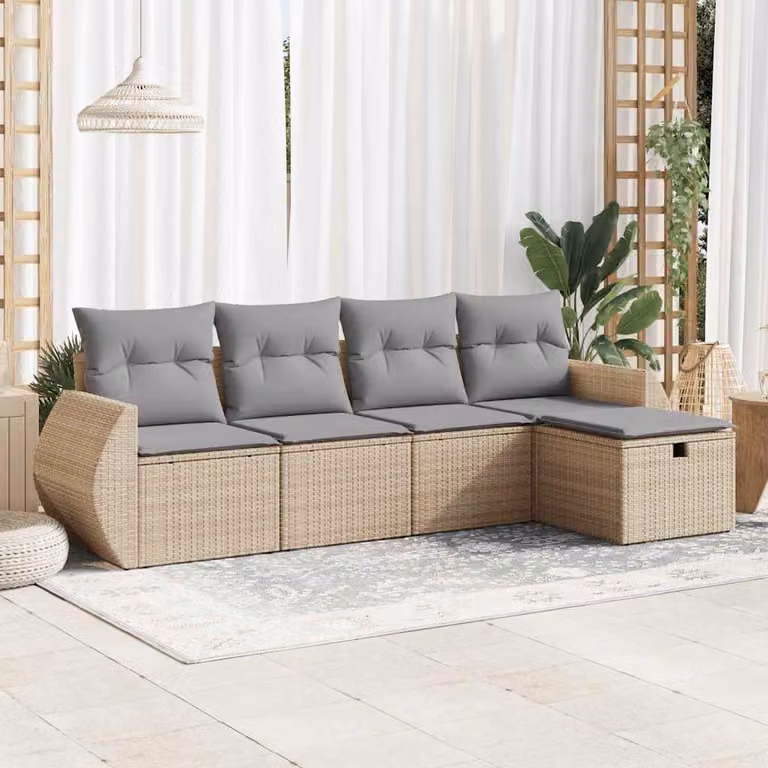 Set Divano da Giardino a L vidaXL 5 pz con Cuscini Beige e Struttura in Metallo e Polyrattan