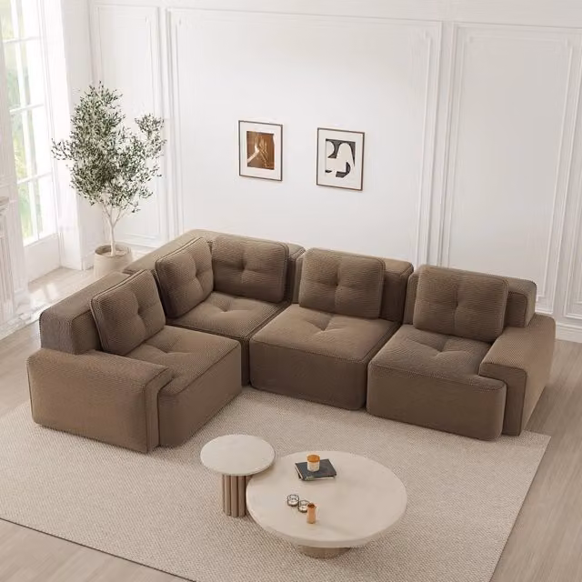 Divano Modulare Componibile Minimal in Tessuto Marrone con Funzione Letto e Forma a L