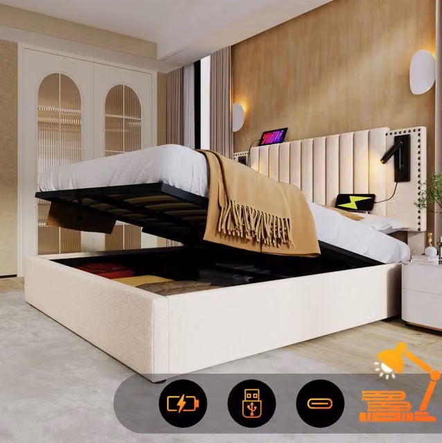 Letto matrimoniale 160x200 cm con contenitore; luce da lettura e USB-C; beige