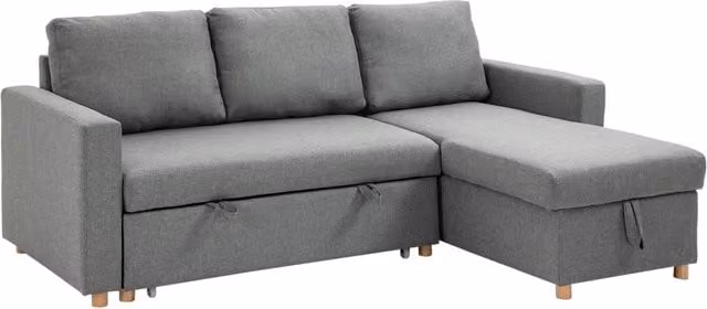 Divano letto angolare Xylo a 3 posti in tessuto grigio con contenitore e cuscini inclusi