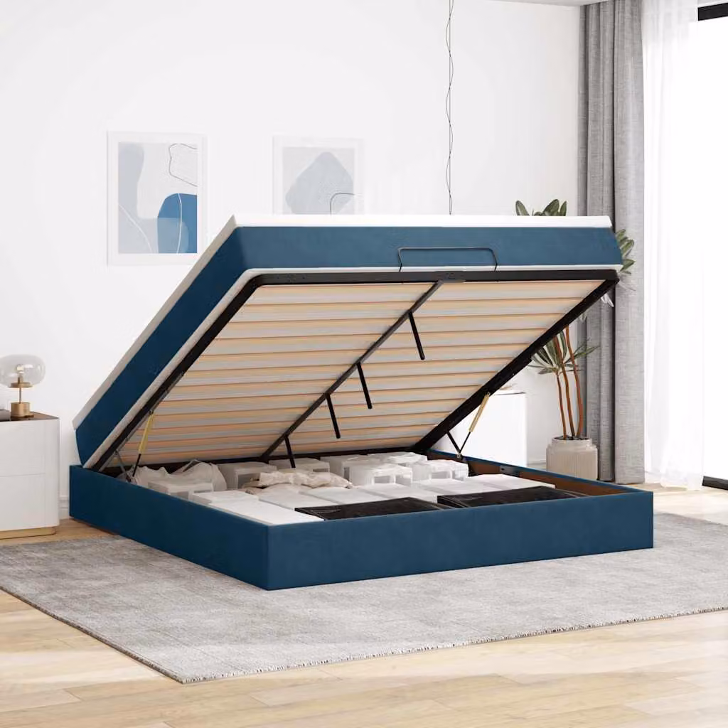 vidaXL Struttura Letto con Materasso e Contenitore Lift-Up in Velluto Blu e Bianco L: 180 cm, P: 200 cm, H: 280 cm – 1
