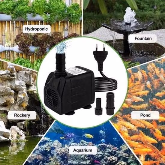 Mini pompa d'acqua ultra-silenziosa (600 l/h 10 W) pompa per acquari a corsa elevata, pompa per fontane - cavo di alimentazione 15 m - 2 ugelli - pompa per acquari laghetti fontane idroponiche
