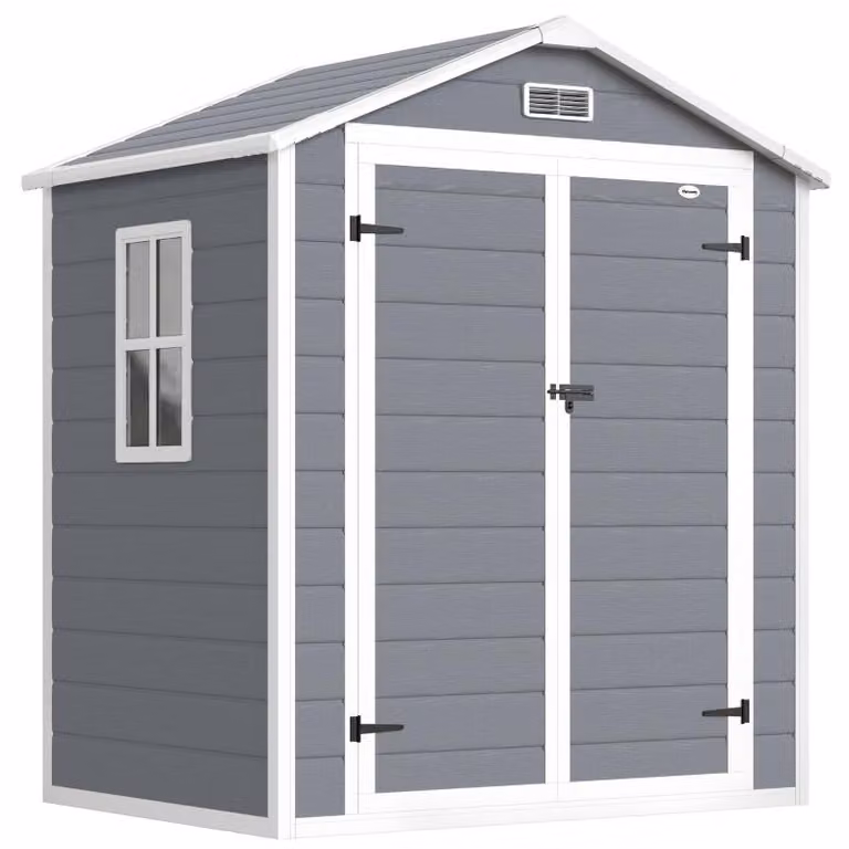 Capanno da giardino Moonbite, dimensioni 183 x 134 x 210 cm, con porta doppia, chiudibile a chiave, dotato di prese d'aria e finestra, resistente agli agenti atmosferici, realizzato in alluminio e plastica, colore grigio