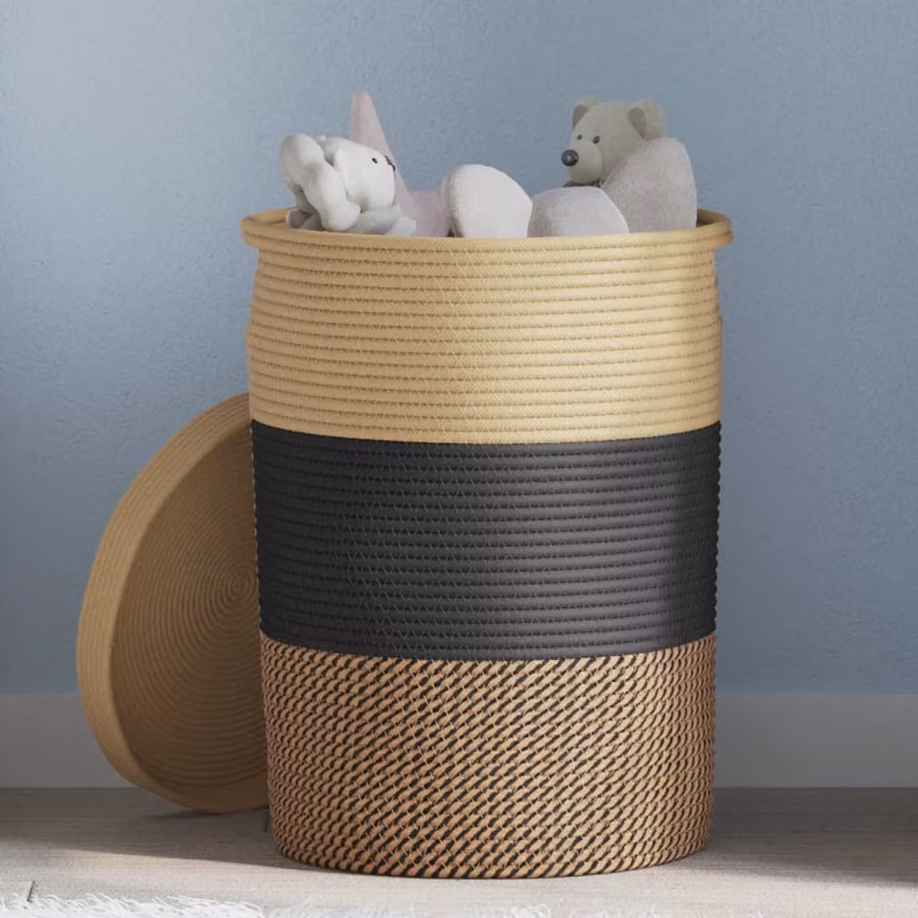 Cestino portaoggetti con coperchio e maniglie vidaXL in tessuto multicolore bianco, beige e nero Ø37 x 50 cm