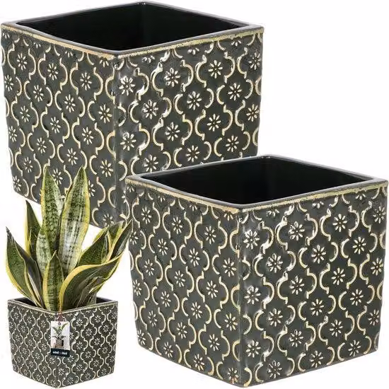 Vaso da fiori quadrato in Vetroceramica verde scuro 13x13cm H: 13cm in Vetroceramica smaltata 2 pezzi - per interni.