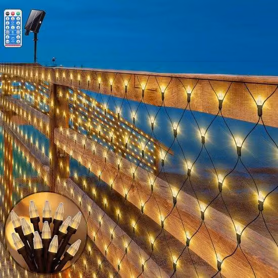 Lampada solare 3x2 m con 200 LED, telecomando e timer, luce bianco caldo