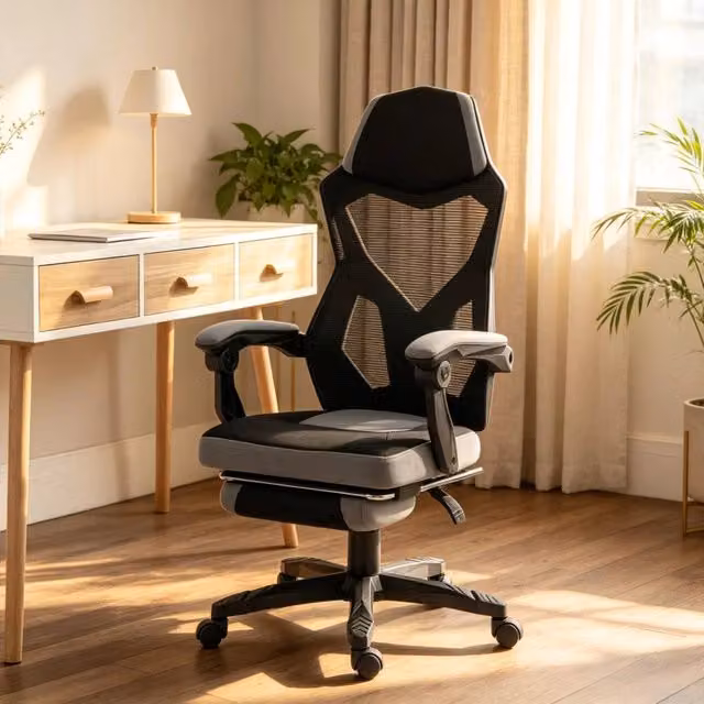 Sedia da ufficio gaming ergonomica con poggiatesta e braccioli, grigio e nero – 1