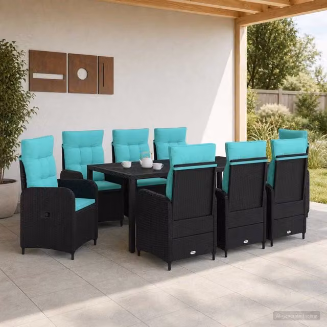 Set da pranzo per esterni moderno vidaXL in polyrattan con tavolo rettangolare in vetro, 9 pezzi – 1