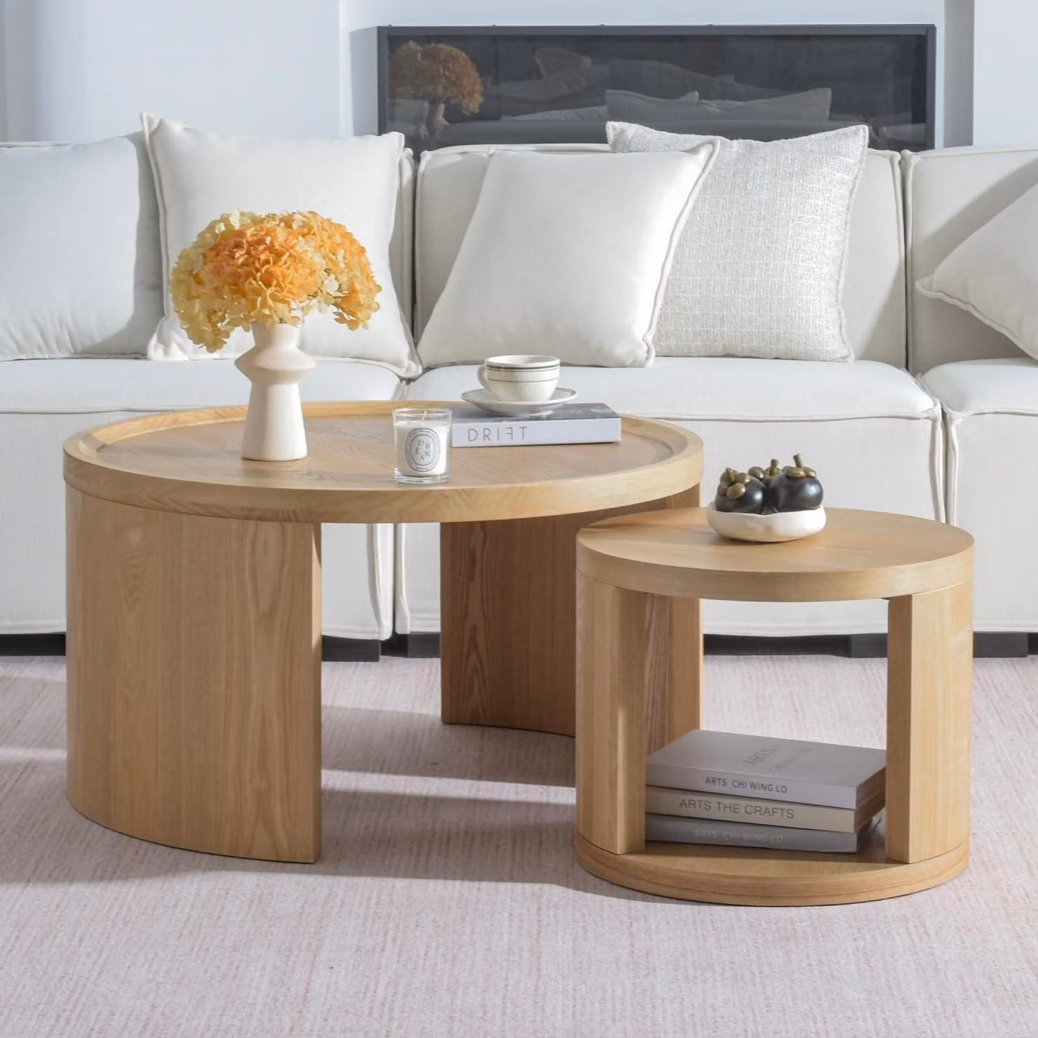 Set di tavolini da caffè rotondi, 2 pezzi, diametro 80/46 cm, colore naturale