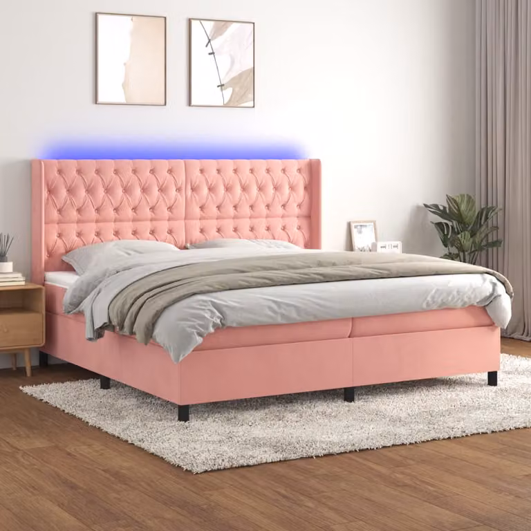 Letto Ibrido vidaXL con Materasso a Molle Pocket e Illuminazione LED Rosa in Velluto L/P/H: 200 x 203 x 76 cm