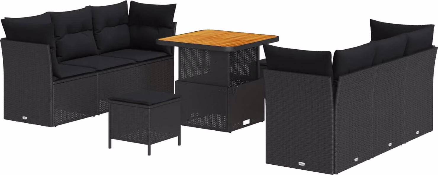 Set Divano da Giardino 9 pcs Nero polyrattan