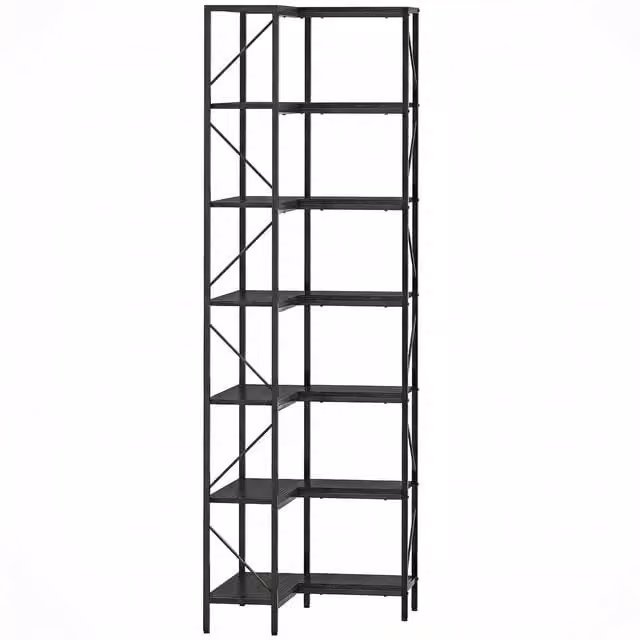 Libreria ad Angolo HOMCOM con 7 Ripiani in Stile Industriale, Effetto Legno e Metallo, Colore Nero e Marrone – 1