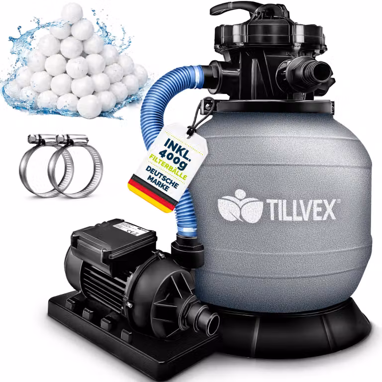 tillvex® sistema di filtraggio a sabbia per piscina 7.900L/h incl. sfere filtranti da 400g grigio | sistema di filtraggio valvola a 7 vie & adattatore 2in1 Ø32mm - 38mm | filtro per piscina con indicatore di pressione | filtro a sabbia per piscine