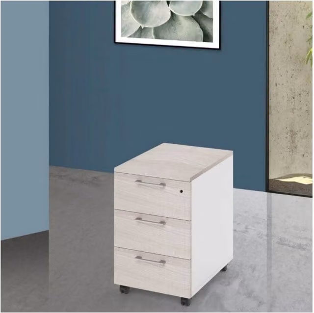 Cassettiera da ufficio 3 cassetti olmo e bianco frassinato Ibisco con ruote e serratura 40x55x58H