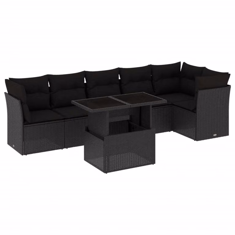 Set Divani da Giardino con Cuscini 7pz Nero Polyrattan