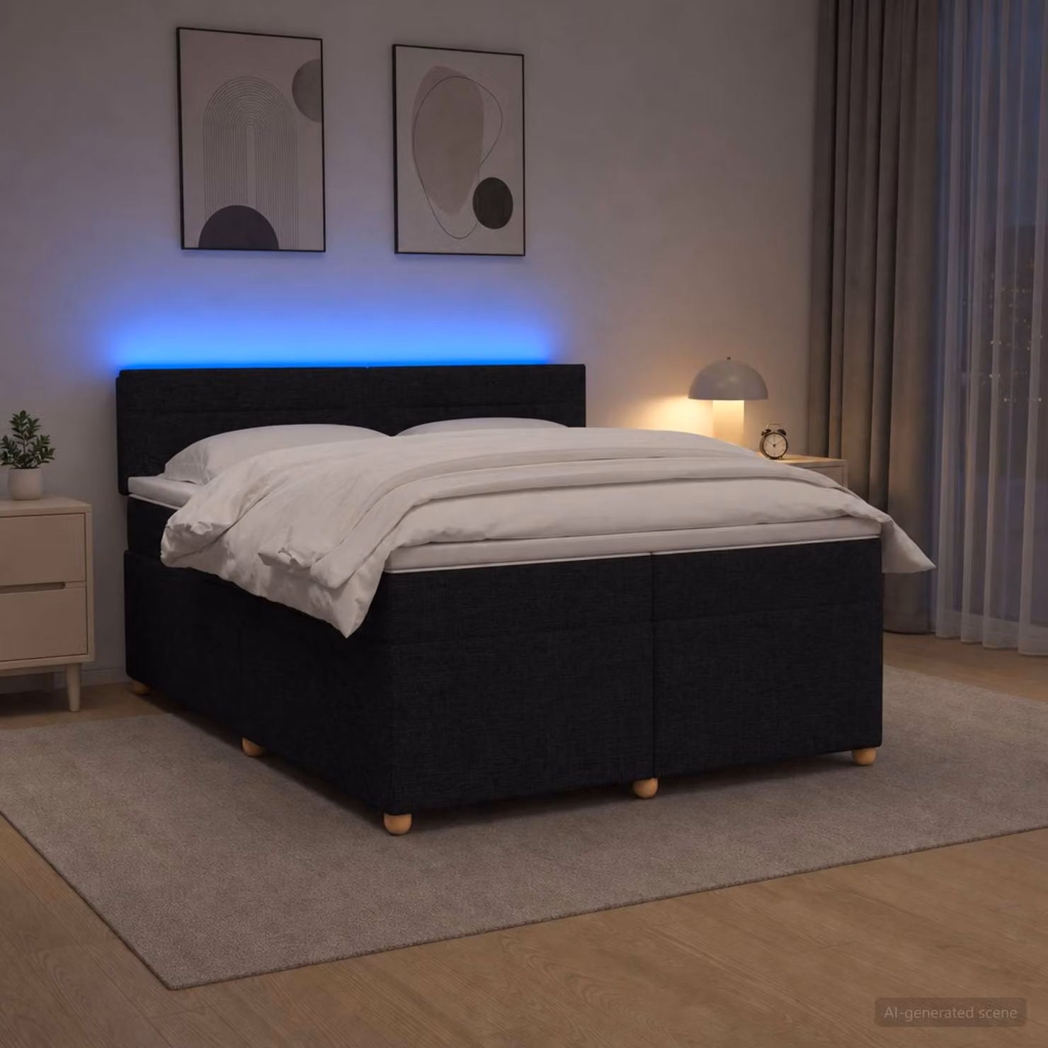 Letto box spring con materasso ibrido vidaXL Nero 200 x 200 cm in tessuto con illuminazione sottostante e porta USB