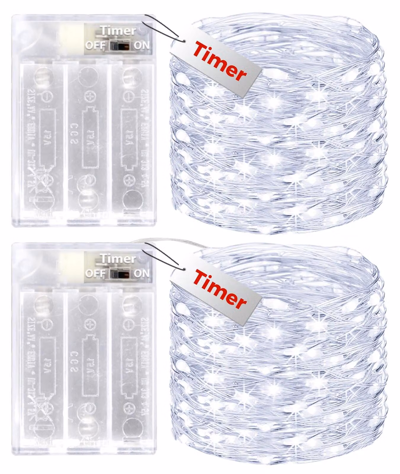 Catena luminosa da 10 metri, 100 LED, con timer a batteria, luce bianca fredda, confezione da 2