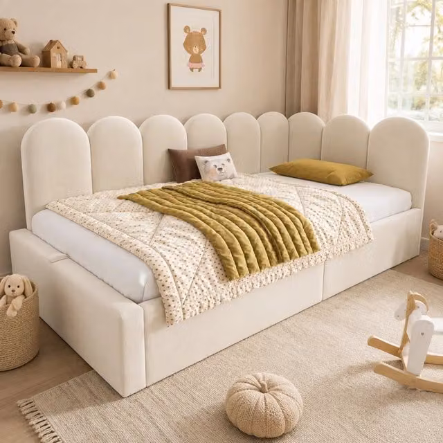 Letto singolo daybed 90x200 cm beige in velluto con contenitore idraulico