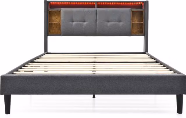 Letto matrimoniale imbottito 140x200 cm grigio con testiera contenitore, USB, illuminazione LED e rete a doghe in legno