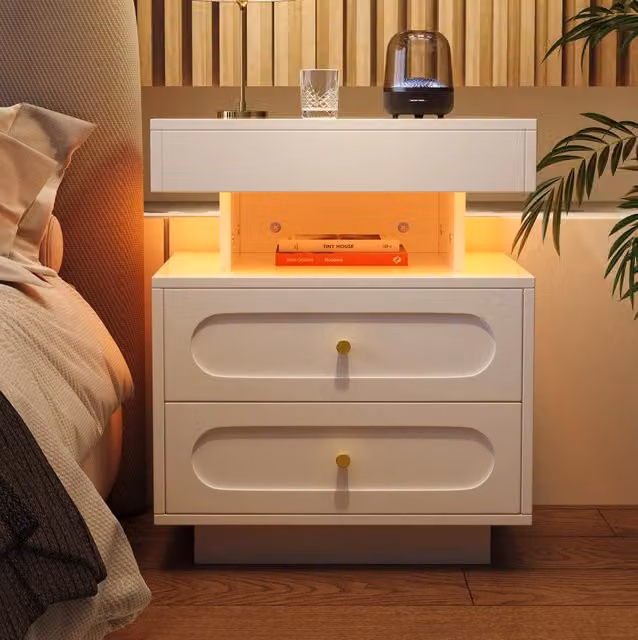Comodino con LED, 2 cassetti e vano aperto, Bianco, 100x40x60 cm