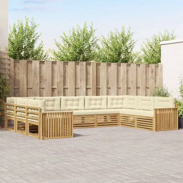 Set di divani da esterno a L vidaXL in legno di acacia con cuscini Bianco e Beige – 1