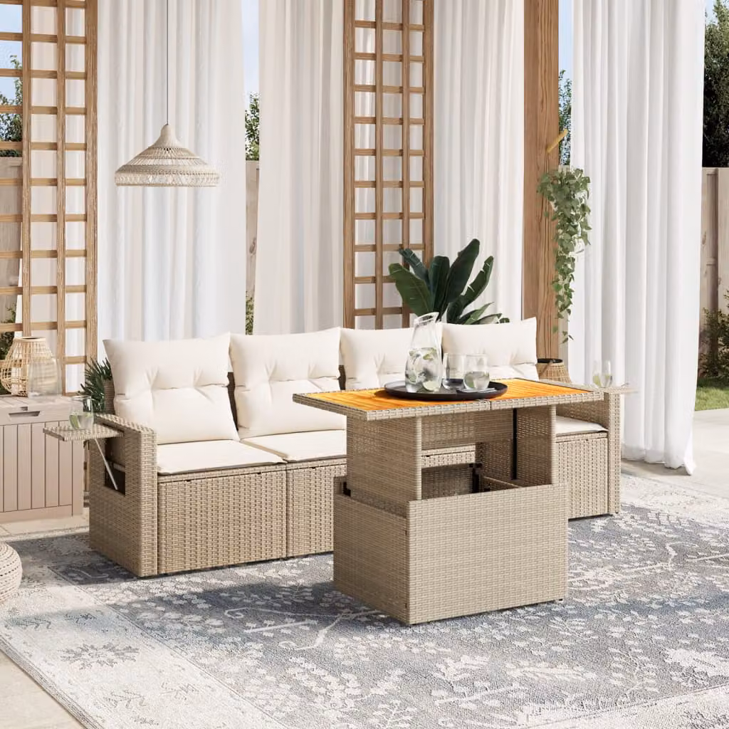vidaXL Set Divano da Giardino 5 pz in Polyrattan con Cuscini Beige e Tavolino Moderno – 1