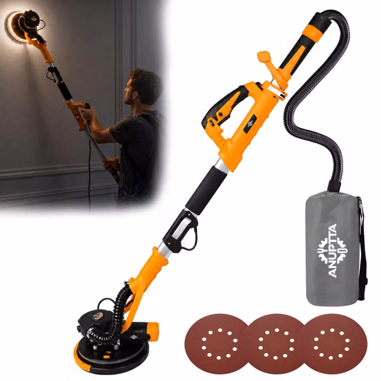 Levigatrice elettrica per cartongesso – levigatrice per pareti e soffitti – testa levigante orientabile a 90° – luce a LED – aspirazione automatica della polvere – prolunga – 6 dischi abrasivi e custodia