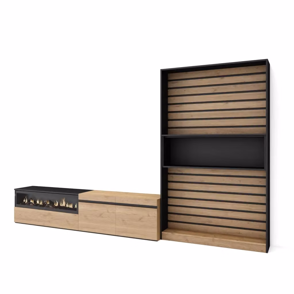 Mobile TV da soggiorno SKRAUT HOME con camino elettrico, Rovere e Nero, L: 310 cm, P: 35 cm, H: 186 cm – 2