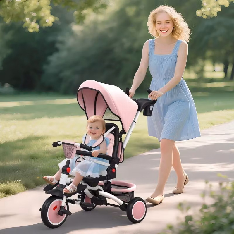 Triciclo 6 in 1 per bambini con maniglione, sedile regolabile e design pieghevole, rosa – 2
