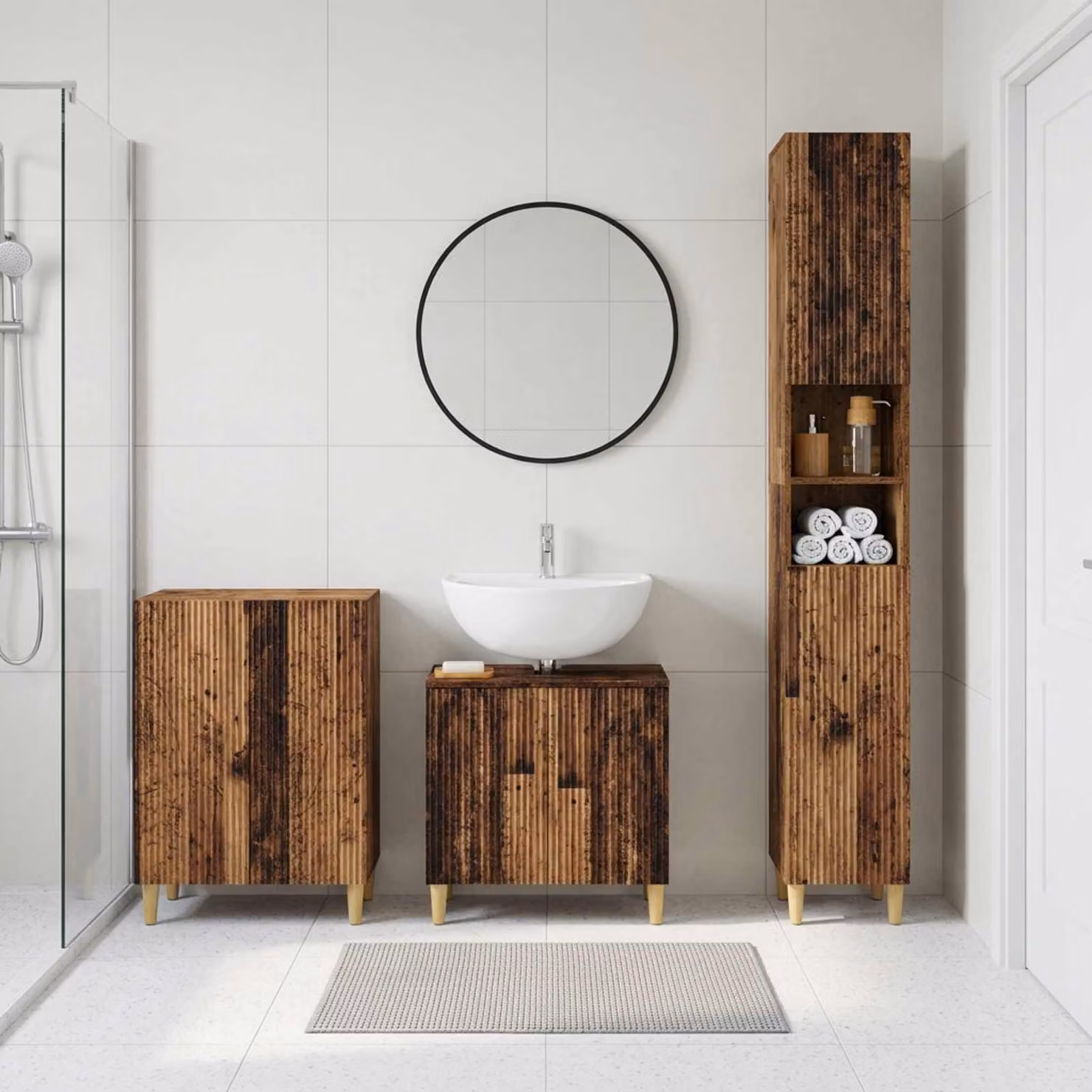 Set di armadietti da bagno 3 pezzi vidaXL ARNHEM in legno marrone antico con mobile lavabo e pensili