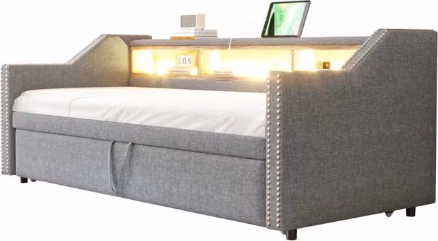 Divano letto estraibile 90/180x190 cm in lino grigio chiaro con USB， LED e contenitore， senza materasso