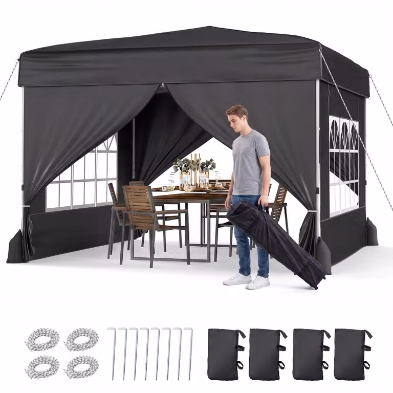 Gazebo COSTWAY 3 x 3 m, altezza regolabile, resistente alle intemperie, con 4 pareti laterali rimovibili, sacchi di sabbia e borsa con rotelle, nero